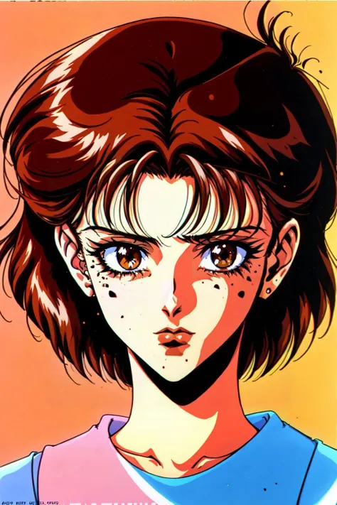 RetroAnime Style, 1girl, solo, looking at viewer, short hair, brown hair, brown eyes, closed mouth, mole, mole under eye, portrait, retro artstyle, 1990s (style), masterpiece, best quality , official art , <lora:RetroAnime:1>