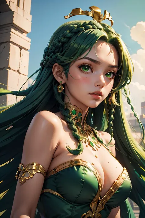 (masterpiece, best quality), 1girl,  Emerald Green Crown Braids with Loose Waves, Size H breasts,   <lora:RetroAnime:1> RetroAnime Style