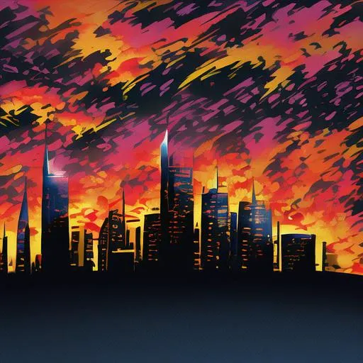 a painting of a city skyline with a sunset in the background