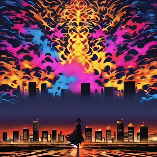 a woman standing in front of a city skyline with a colorful firework