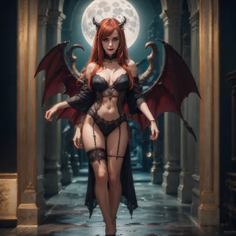 Hyperrealistic art FULL body photo, fashion photography of cute succubus girl Gothic. large demon red wings ((Full body standing shot:1.2)), (best quality, masterpiece, colorful, dynamic angle, highest detailed  (high resolution textures), long green hair,...