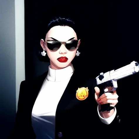 arafed woman in a black suit holding a gun and wearing sunglasses