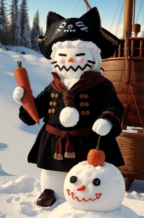 picture of cute  cat cat ears cat tail pirate clothes black pirate hat  holding carrot made of snow  pirate ship at background<lora:snowman:0.8> snowman, masterpiece, best quality, high quality, highres, ultra-detailed