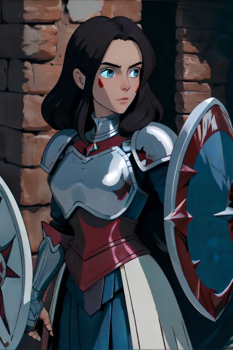 a close up of a woman in armor holding a shield