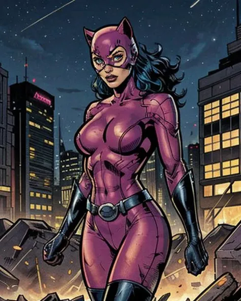 comic artwork of a pretty woman, bodysuit, skintight, belt, mask, gloves, sexy, city background, night time, cold night, epic, dynamic, cinematic lighting, <lora:purplecatwoman:0.45> purpcat, catwoman, medium shot, crosshatching, 2D, Sharp, Detailed, HD, H...