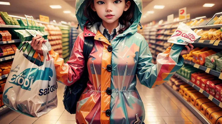 <lora:AbstractPattern:1.0> AbstractPattern teen clothed in a raincoat made entirely of plastic grocery bags