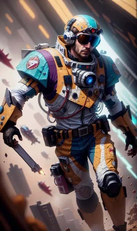 (abstractpatternstyle:1.1), , spacecraft hangar, heroic male fighter pilot, intricate highly detailed formal Walnut Magenta cyan leather uniform, sci-fi, futuristic, steampunk, medals, utility belt, dramatic cinematic lighting, low angle shot, dynamic acti...