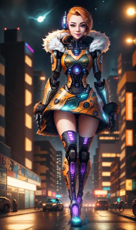 (abstractpatternstyle:1.1), , full-body portrait, android whore, Olive Tangerine Orange yellow, cybernetic implants, porcelain robotic bodyparts, fur coat, mini skirt, nighttime, cityscape, low angle shot, dynamic posture, cinematic composition, female, pe...