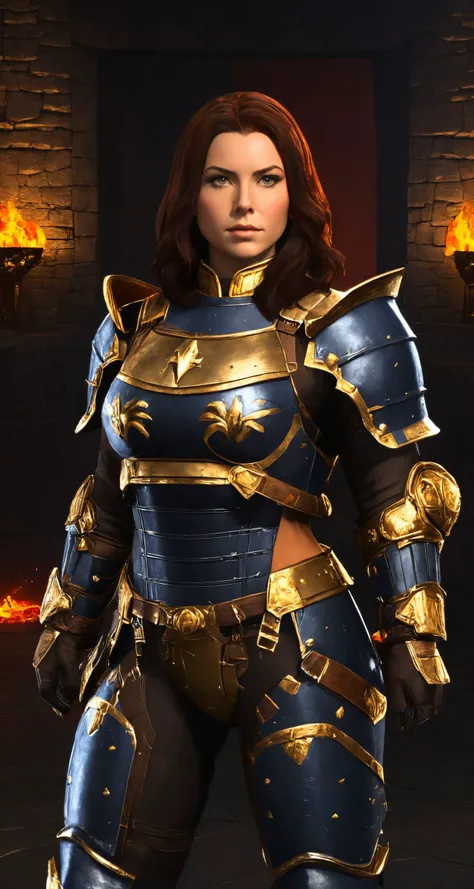 a woman in armor standing in front of a fire