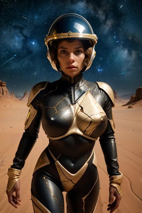 woman wearing futuristic kintsugi space suit, wearing kintsugi helmet, kintsugi mountain, downblouse, alien desert, kintsugi rock formations, starscape, milky way, by Steve McCurry, by Lee Jeffries, by Jeremy Mann <lora:kintsugi:1>  <lora:RealDownblouse15_...