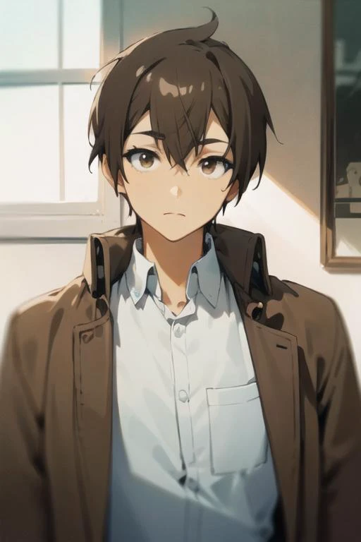 masterpiece, best quality, ultra-detailed, illustration, 1boy, solo, male focus, looking at viewer, , depth of field, <lora:hideki_nishimura:0.70>, hideki_nishimura, brown hair, brown eyes, coat