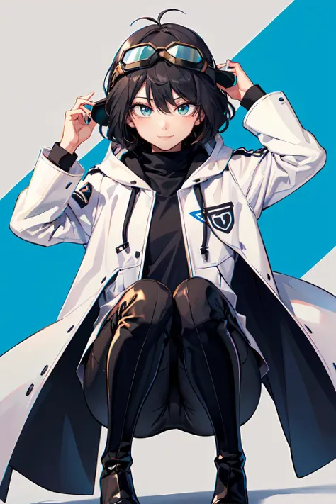 <lora:cervina:0.85> cervina, white and blue theme,, ultra detailed, masterpiece, best quality, aesthetic, detailed,, ultra detailed, masterpiece, best quality, solo, smile, 1boy, green eyes, short hair, black hair, bangs, hair between eyes, messy hair, (go...