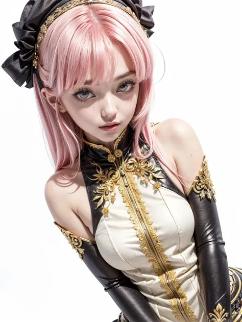 a close up of a woman with pink hair wearing a costume