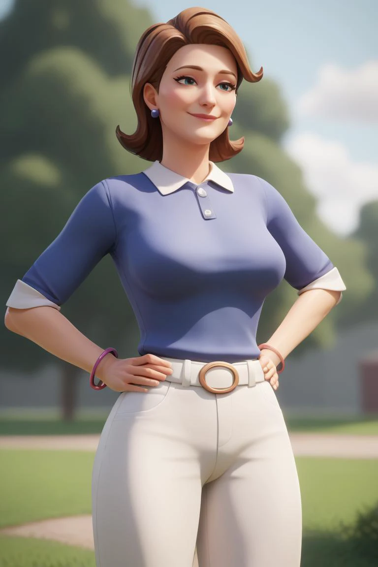 a woman in a blue shirt and white pants standing in a park