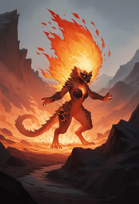 score_9, score_8_up, score_7_up, (source_furry, furry female, fiery creature), volcanic landscape