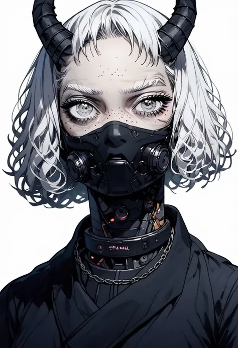 (score_9, score_8_up), score_7_up, zPDXL, 1girl, middle age, granny, freckles, white hair, short hair, curly hair, grey eyes, (one robotic eye,:1.2) bionic eye, tools belt, long horns, horned, two horns, technicians outfit, workshop outfit, one robotic arm...