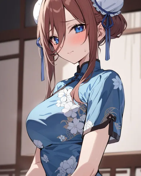 masterpiece, best qualityï¼ <lora:sanjiu2:1>ï¼1girl, nakano miku, solo, double bun, china dress, bun cover, upper body, blush, floral print, closed mouth, short sleeves, looking at viewer, alternate costume, blue dress, blue ribbon