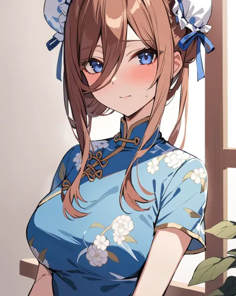 masterpiece, best qualityï¼ <lora:sanjiu2:1>ï¼1girl, nakano miku, solo, double bun, china dress, bun cover, upper body, blush, floral print, closed mouth, short sleeves, looking at viewer, alternate costume, blue dress, blue ribbon