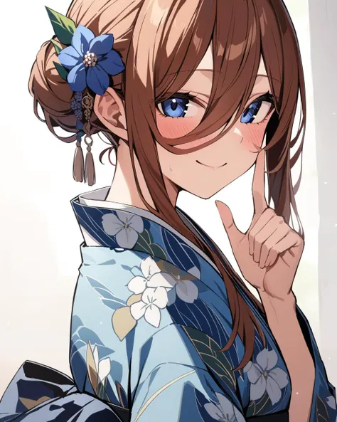 masterpiece, best qualityï¼ <lora:sanjiu2:1>ï¼1girl, nakano miku, solo, floral print, hair flower, smile, looking at viewer, closed mouth, blue kimono, upper body, single hair bun, from side, print kimono, index finger raised, blush, yukata, sash