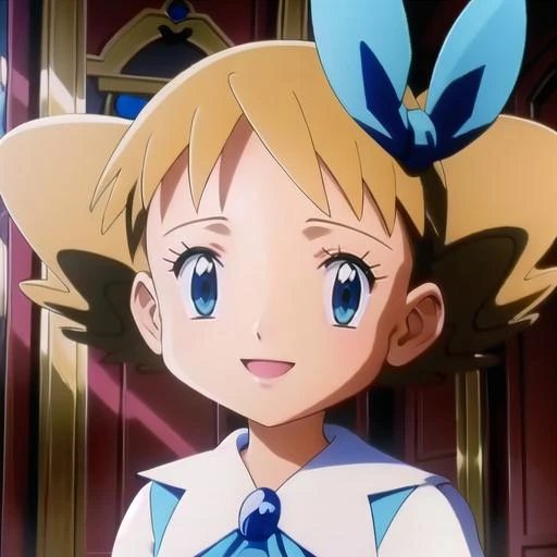 anime girl with blue eyes and a blue bow in a white shirt