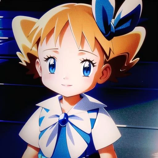 anime character with blue eyes and a bow in a dress