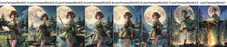 1girl, brown hair, grey eyes, short hair, wavy hair, (elf:0.91), green dress, night sky, <lora:FantasyWorld:0.1> scenery, fantasy, moon, tree, (perfect anatomy:1.10), (masterpiece, best quality:1.21)