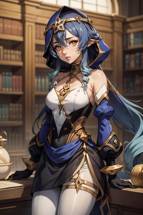 (best quality, masterpiece, perfect face), 1girl, blue hair, long hair, drill hair, bangs, yellow eyes, hood, detached sleeves, bare shoulders, pointy ears, gloves, white pantyhose, (anime, sharp, HDR), library, <lora:add_detail:0.5>, <lora:layla:0.8>