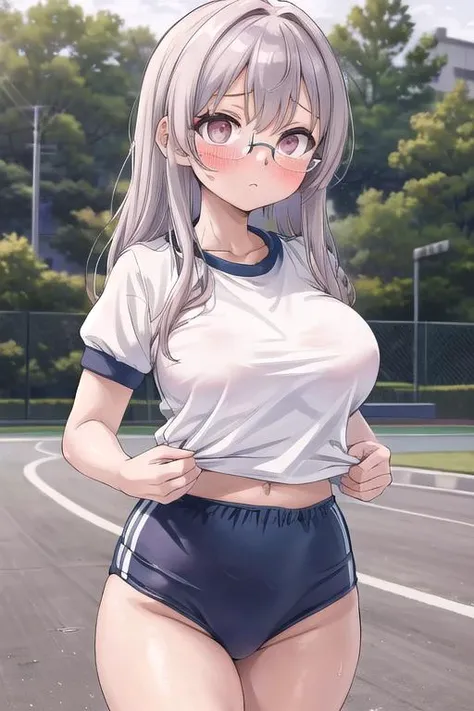 masterpiece, best quality,ultra detail <lora:anmnr01:0.3> <lora:add_detail:0.5>,glasses, sports ground ,solo,shy,embarrassing,blush,1girl, <lora:gym:0.7>,gym uniform,running,large breasts