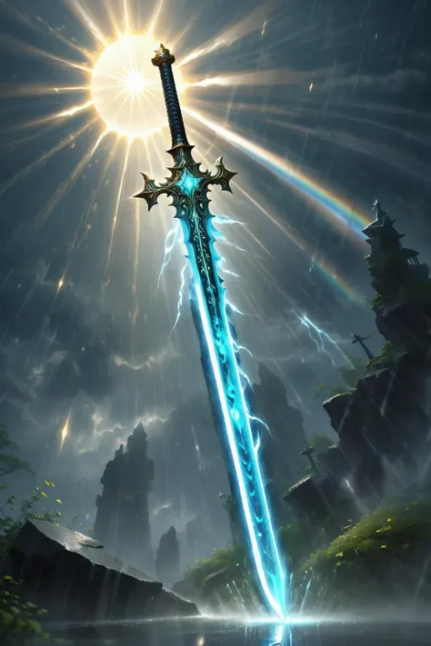 GLOWING WEAPON,<lora:Glowing_style_XL_0.1:0.75>,GLOWING SWORD,
Pieces of light rain fall,the brilliant sword light startles ghosts and gods,covering the sun,too gorgeous and dazzling,holy and flawless,like the light rain of flying immortals,