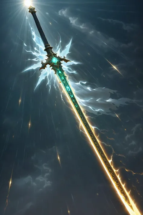 GLOWING WEAPON,<lora:Glowing_style_XL_0.1:0.75>,GLOWING SWORD,
Pieces of light rain fall,the brilliant sword light startles ghosts and gods,covering the sun,too gorgeous and dazzling,holy and flawless,like the light rain of flying immortals,