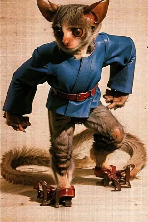 araffe dressed in blue and red riding boots and a blue jacket