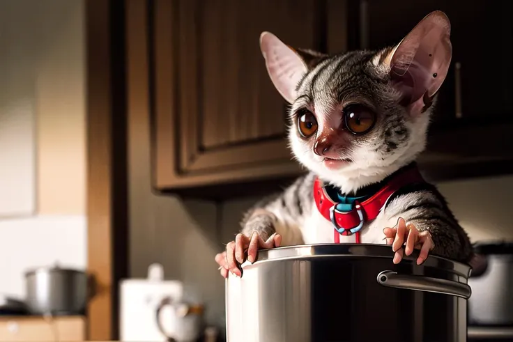 there is a cat that is sitting in a pot on the kitchen counter