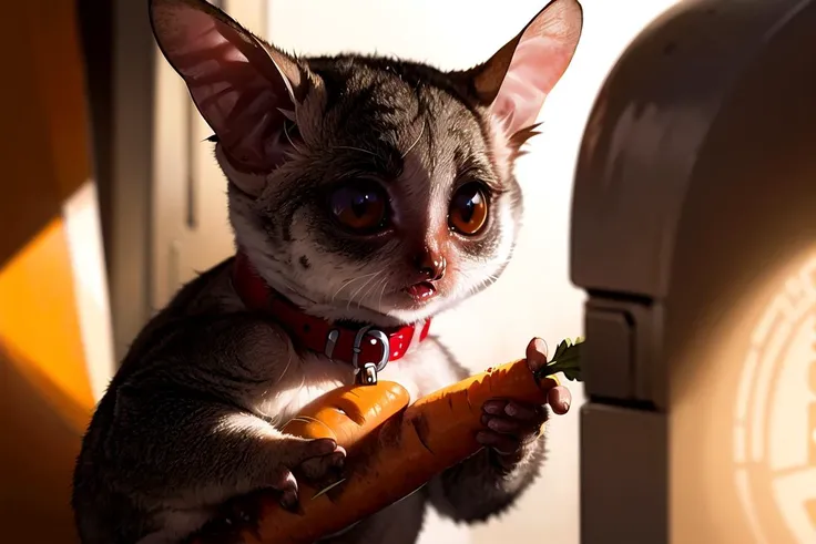 there is a cat that is eating a carrot in the kitchen