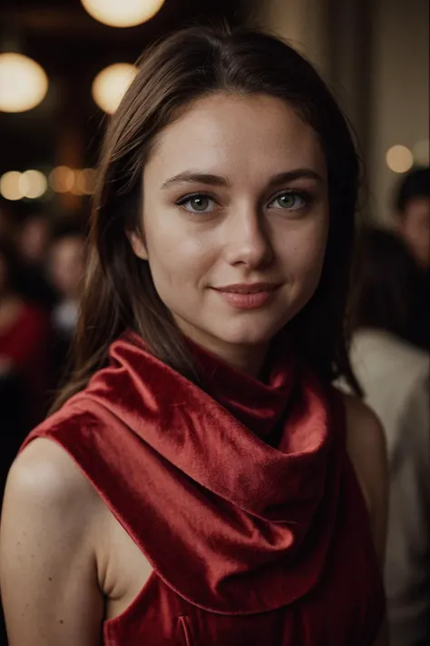 arafed woman in a red dress with a red scarf around her neck