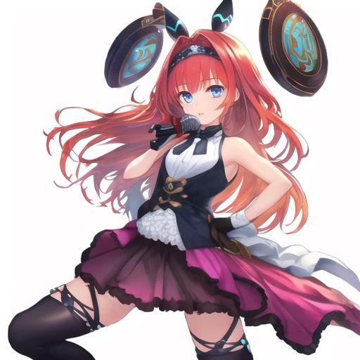 masterpiece, best quality, lsn(shadowverse), 1girl, solo, blue eyes, thighhighs, long hair, gloves, skirt, black thighhighs, white background, microphone, simple background, looking at viewer, hand on hip, hairband, black gloves, red hair, holding, orange ...