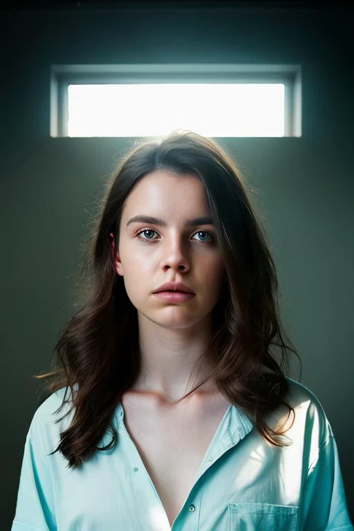 a woman with long hair and a blue shirt standing in front of a window