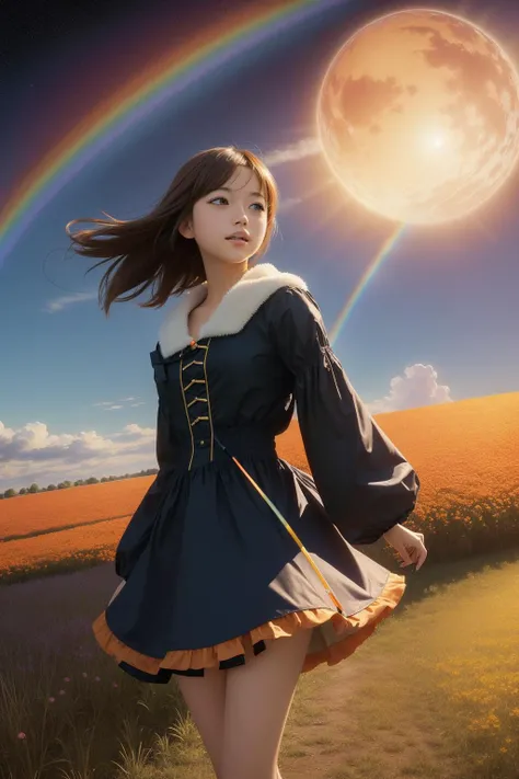 1girl, (impressionism art by Salomon van Ruysdael:1.2) , grand Drybrush artwork of a Chibi Anime, intricate background, Rainbow Oppressive ([Golden Retriever|DayGlo orange planet] of Development:1.3) , fall background, dense grass and Cosmic background rad...