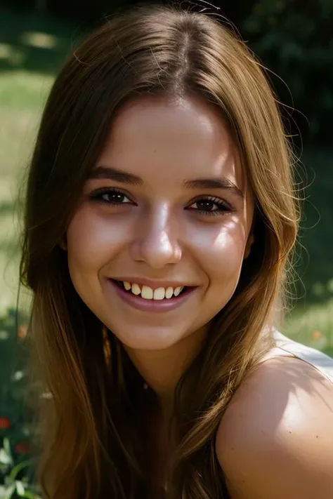 a close up of a woman with long hair smiling in a park