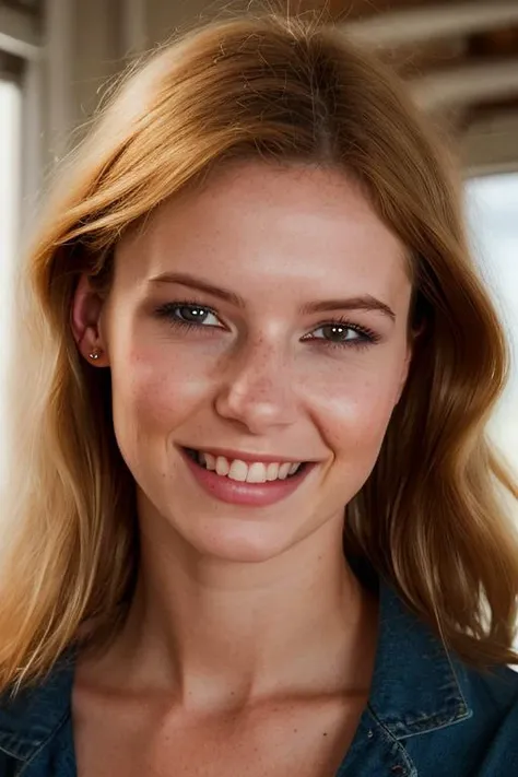 a close up of a woman with a blue shirt and a smile