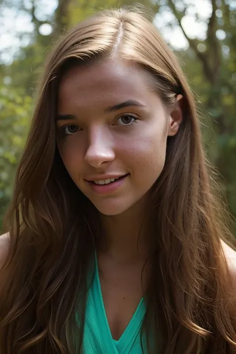 arafed girl with long brown hair and green dress smiling