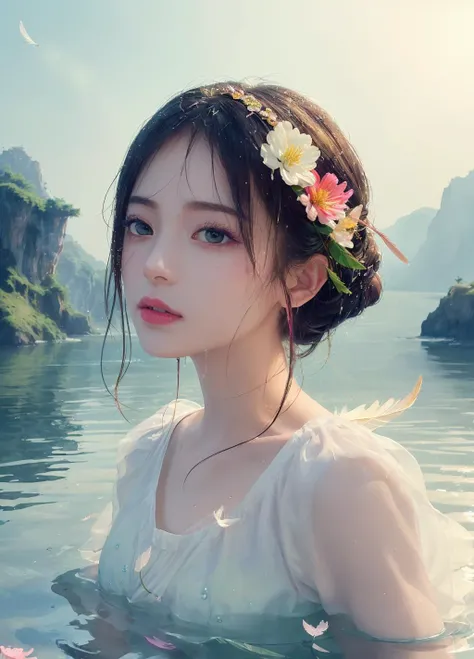 1girl, (masterpiece:1.2), best quality, multicolored, masterpiece, best quality,((an extremely delicate and beautiful)), floating, (detailed wet clothes), (detailed light), feather, nature, (sunlight), river, floating palace, beautiful and delicate water, ...