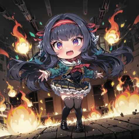 absurdres, high detail, uhd, burn down, flaming world,
pyrokinesis, angry,
chibi, curren, long hair, school uniform, red hairband, hair ribbon, red shirt, frilled shirt, green jacket, long sleeves, crop top, red neckerchief, corset, pleated skirt, black th...