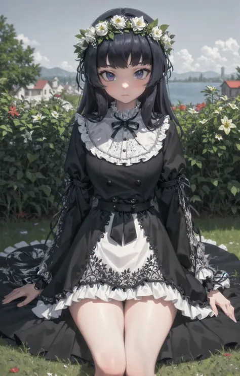 absurdres, high detail, uhd, flower garden, lily,
on ground, knees up, expressionless, looking at viewer,
curren, white xxxxta, white dress, insane extreme frilled dress, white head wreath, long sleeves, sleeves past wrists, long skirt, frills,
<lora:gomao...