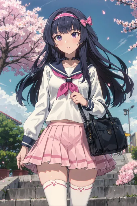 absurdres, high detail, uhd, park road, cherry blossoms, falling petals, wind, school background, isometric,
standing, holding school bag, expressionless, parted lips,
solo, curren, long hair, serafuku, hairband, hair ornament, hair bow, white shirt, pink ...