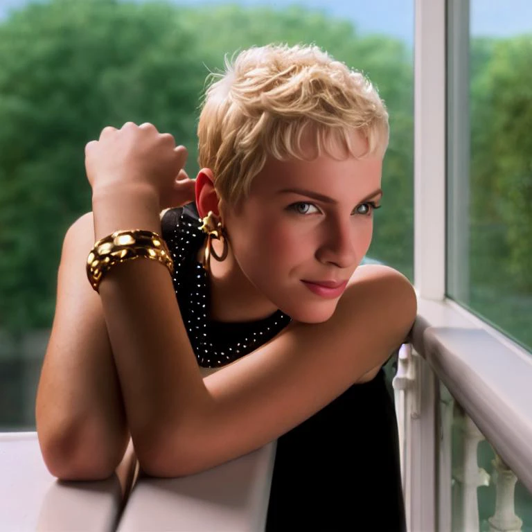 blond woman with short hair leaning on railing looking out window