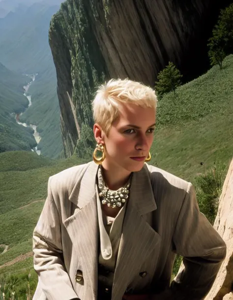 blond woman in a suit and statement necklace sitting on a rock