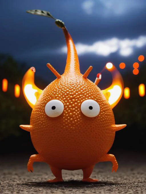 a close up of a orange with eyes and spikes on it