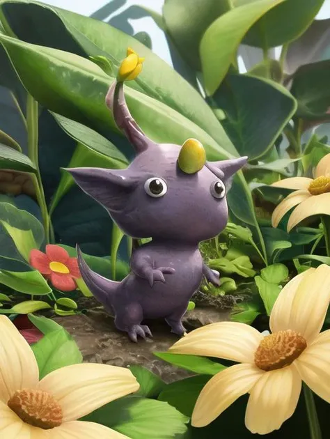 there is a purple toy dragon sitting in a garden with yellow flowers