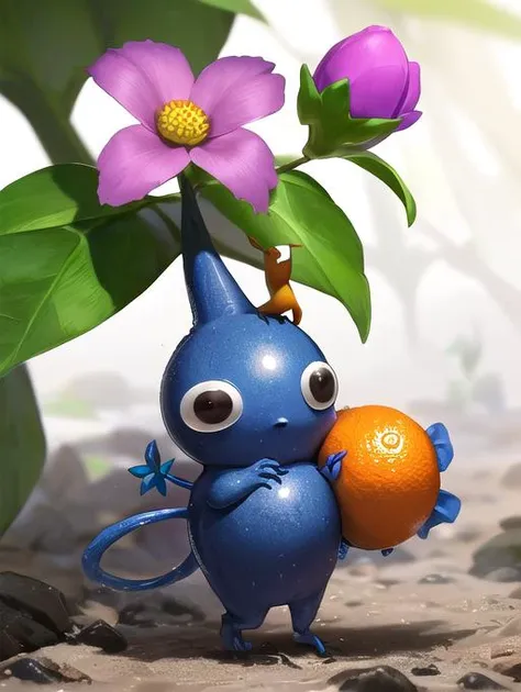 there is a blue bird holding an orange and a purple flower