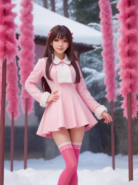 pink,pink world,best quality,masterpiece,ray tracing, global illumination, solo, pink science fiction,pink magi the labyrinth of magic, symmetry, facing viewer, lucia, (light smile:0.5), looking at viewer, long hair, (((bangs))), depth of field, biolumines...